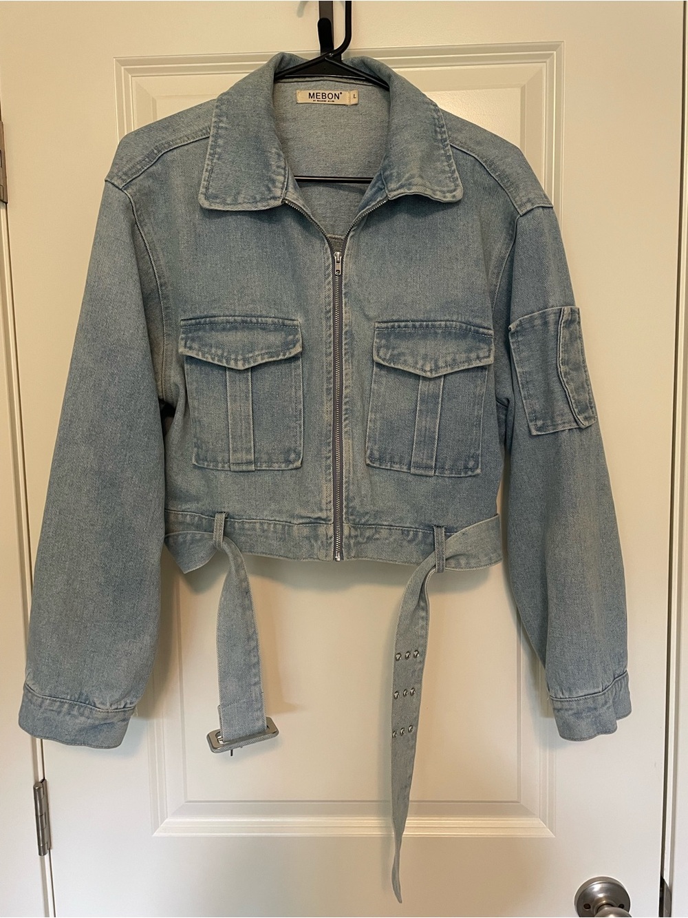 Mebon Light Wash Cropped Denim Jacket with Belt